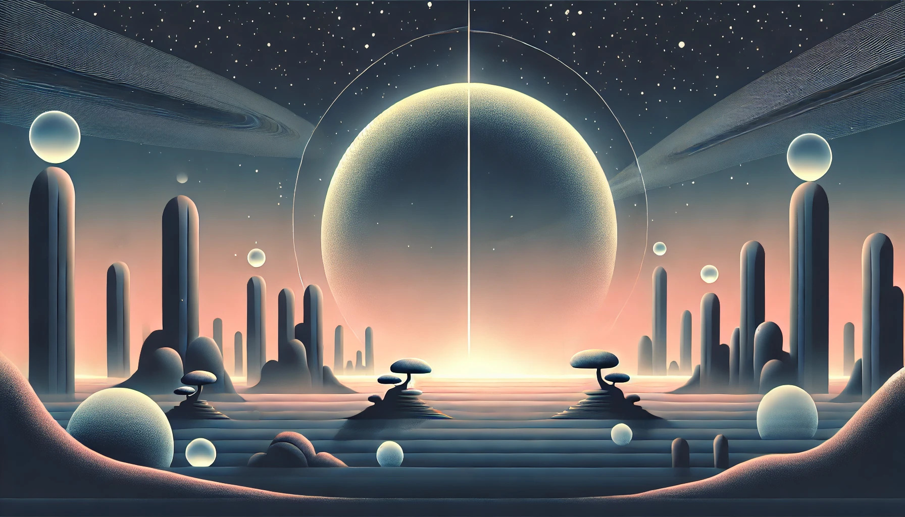 DALL·E 2024 07 14 23.32.58   A minimalist sci fi scene depicting an alien landscape with strange rock formations and a glowing horizon. The rocks and horizon have subtle glowing e